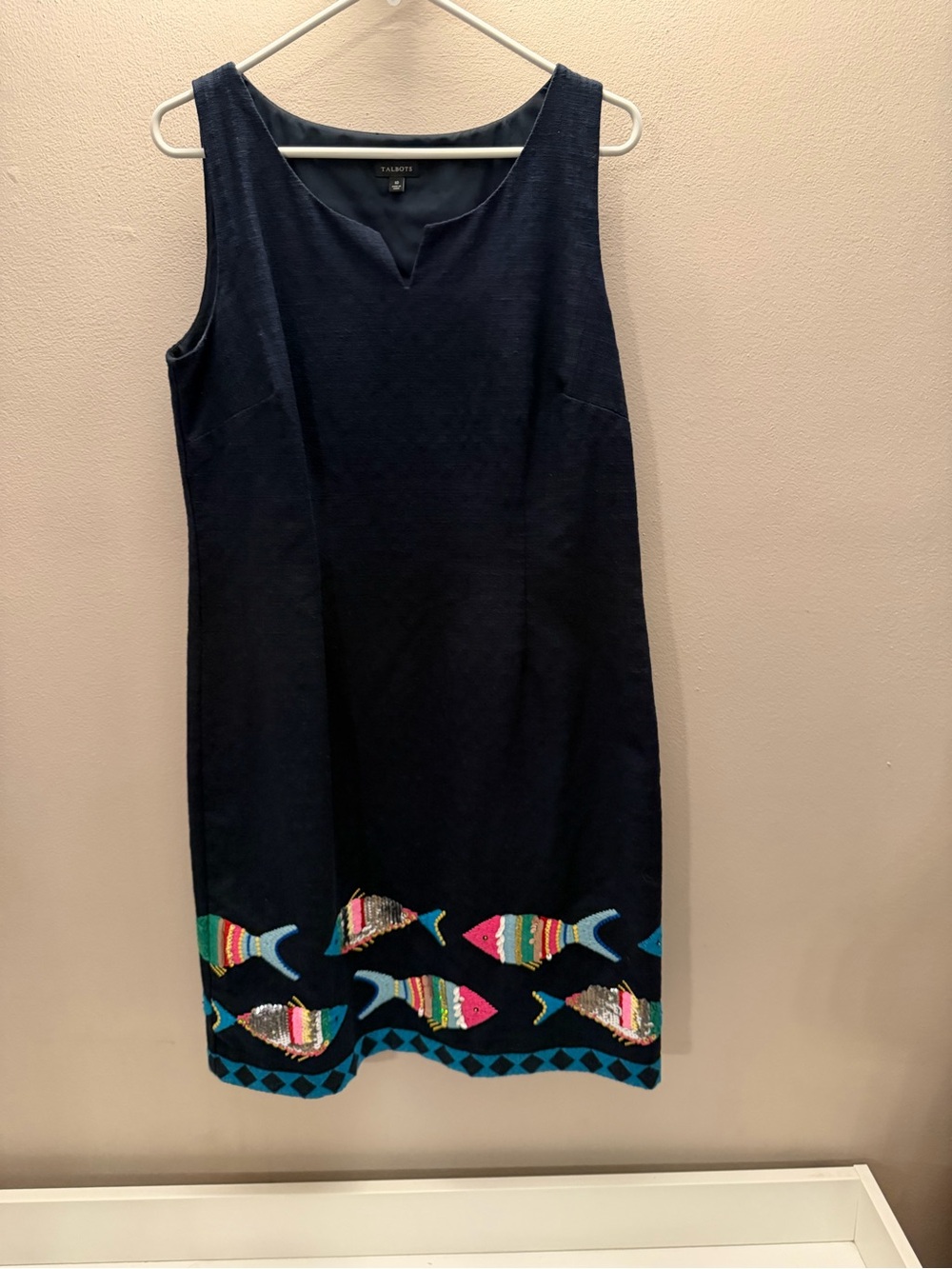 Talbots Navy Linen‎ Blend Sleeveless Shift Dress Sequin Fish Embroidery Sz 10